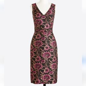 J.Crew Jacquard Floral Black, Gold, and Pink Metallic   V-neck Dress Size‎ 4